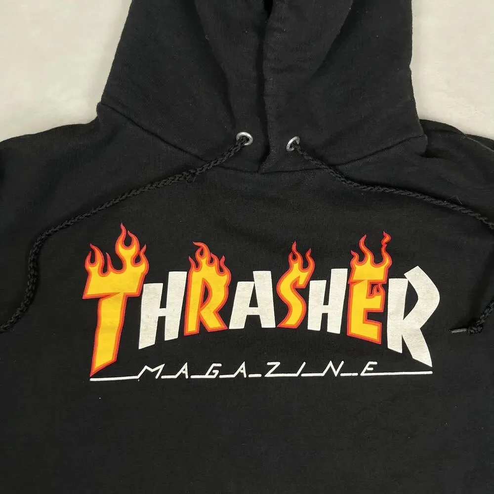 Thrasher Hoodie Mens S/M Black Flame Logo Fleece Pullover Sweatshirt Skate